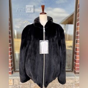 L/XL Mens Black Ranch Mink Fur Bomber Jacket Zipper Front Stand Collar Real Mink